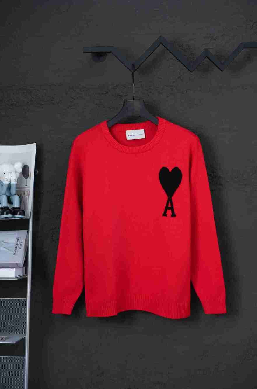 AMI Paris Bright Red Oversized Unisex Black Heart‑A Logo Sweater